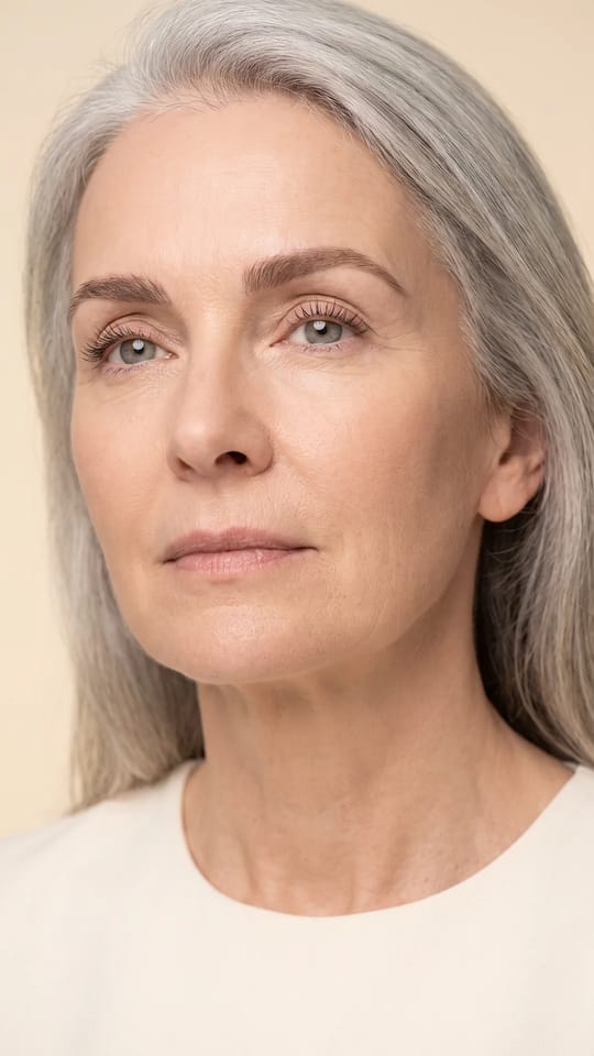 Teinture sourcils gris : Teinture sur sourcils gris et blancs : une couleur taupe-brun doux redonne de la présence aux poils sans les durcir, pour un visage reposé après 60 ans.