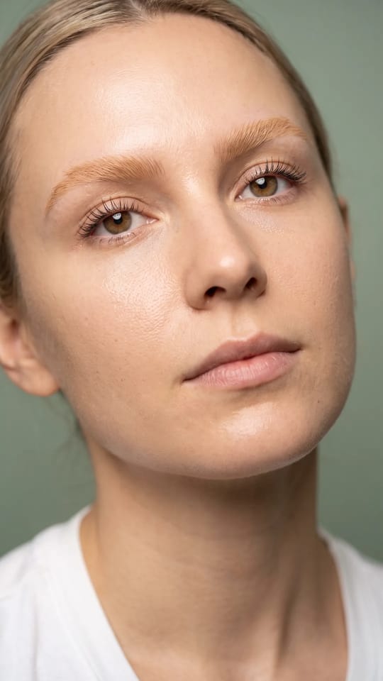 Sourcils éclaircis beige doux : Sourcils éclaircis d'une seule teinte, vers un beige blond doux : un effet minimaliste et mode qui adoucit le visage. Le ton reste chaud, jamais orangé.