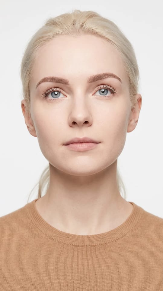 Définir des sourcils blonds : Sourcils blonds presque invisibles, teints en taupe doux : une teinte à peine plus foncée que les cheveux suffit à dessiner le regard sans l'alourdir.