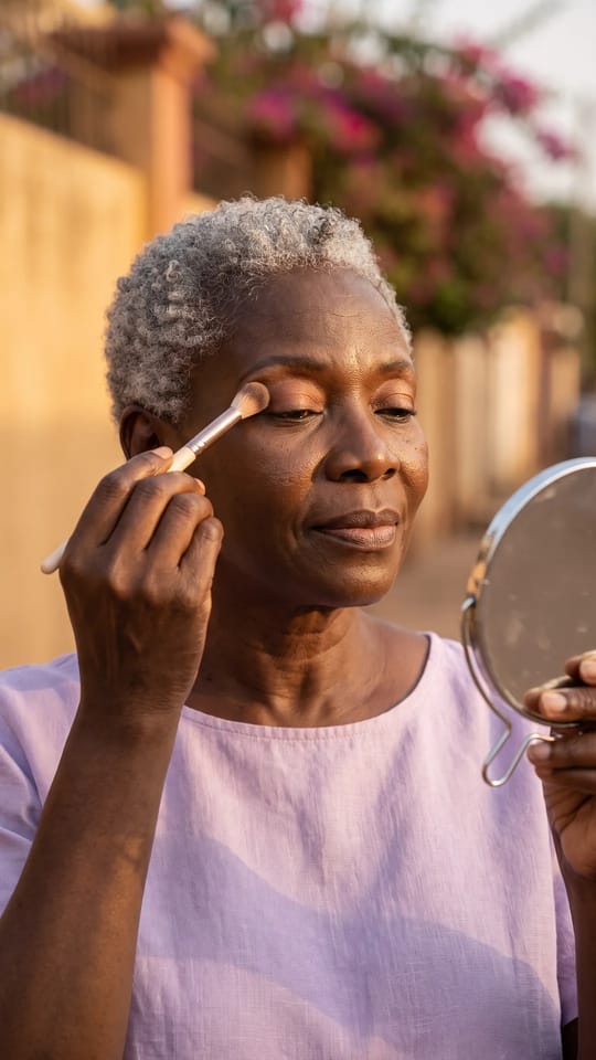 Mes paupières, pas à pas : Pendant un cours, une femme de plus de 60 ans estompe un fard bronze chaud sur sa paupière avec un pinceau doux devant un petit miroir, un œil terminé, l'air serein et fier.