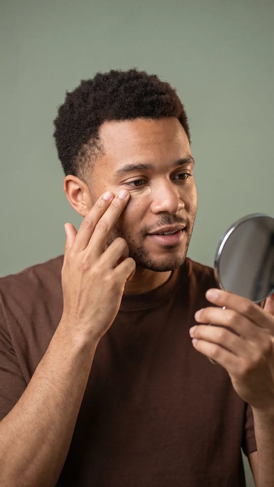 Mon premier anti-cernes : Pendant un cours de maquillage, il tamponne un anti-cernes sous l'œil du bout du doigt devant un petit miroir, détendu et curieux, la peau naturelle et unie.