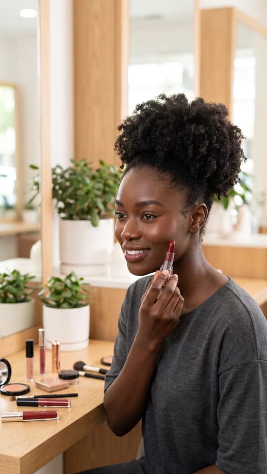 Ma trousse enfin triée : Pendant un atelier maquillage, elle compare deux teintes de rouge à lèvres en souriant, quelques produits bien triés alignés devant elle, un maquillage naturel déjà posé.