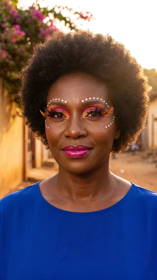Carnaval, strass et plumes : Maquillage de carnaval : cils ornés de petites plumes, strass en arc au-dessus des sourcils et le long des pommettes, fards orange, magenta et or éclatants, lèvres fuchsia brillantes et peau bronze lumineuse.