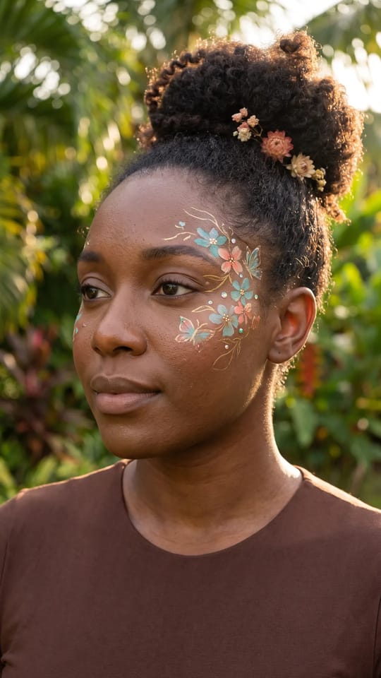 Face painting floral et papillons : Face painting doux et lumineux : fleurs aquarelle et petits papillons turquoise, corail et or sur une joue et la tempe, traits d'or fins et petits strass ; le reste du visage reste naturel.