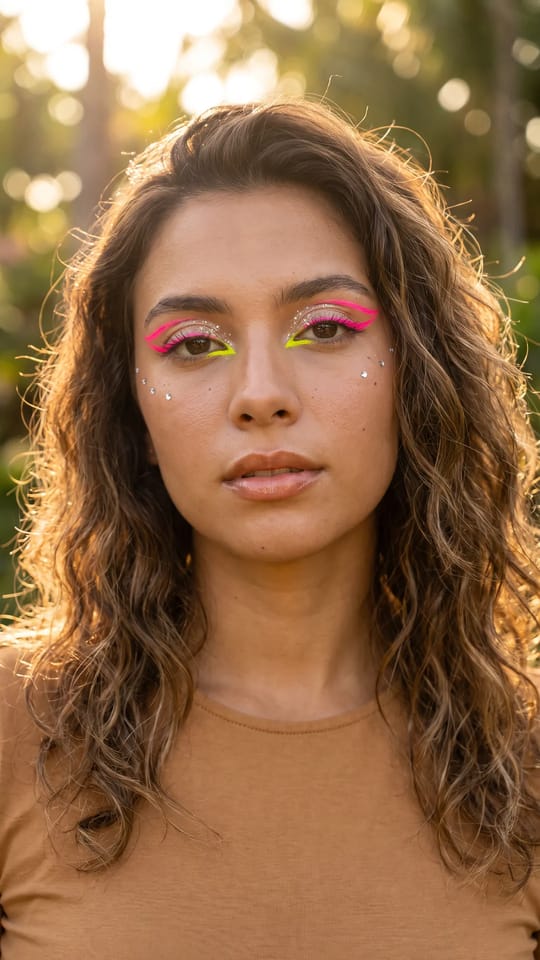 Festival, liner néon et strass : Maquillage de festival : liner graphique néon rose et jaune électrique prolongé en ailes, éclat multidimensionnel sur les paupières, petits strass sur les pommettes et lèvres brillantes.