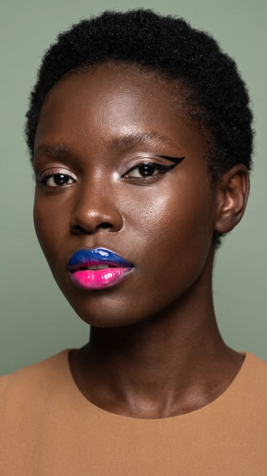 Glitchy glam lèvres bicolores : Glitchy glam : lèvres bicolores brillantes (bleu cobalt en haut, rose vif en bas), liner graphique asymétrique sur un seul œil, fards dépareillés, peau lumineuse et sourcils nus.