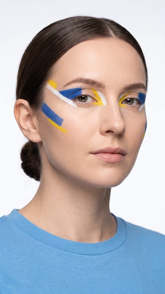 Maquillage graphique géométrique : Maquillage graphique : triangles et lignes nettes bleu cobalt, blanc et jaune sur les paupières et les pommettes, formes franches sur peau nue, teint mat impeccable et lèvres nude.