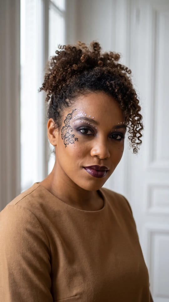 Halloween élégant, dentelle noire : Halloween glamour, pas effrayant : une dentelle noire dessinée au liner sur la pommette et la tempe, paillettes argentées et petits strass sur l'arcade, yeux fumés violet foncé et lèvres prune brillantes.