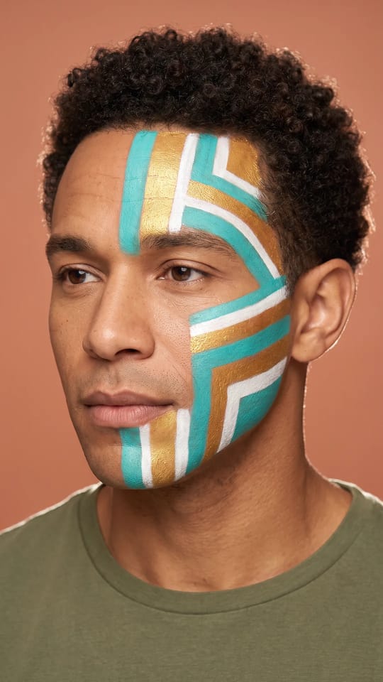 Homme : face painting graphique : Face painting graphique : bandes franches et formes géométriques turquoise, or et blanc sur une moitié du visage, traits nets comme une œuvre de festival, sans rien d'effrayant, le reste de la peau naturel.
