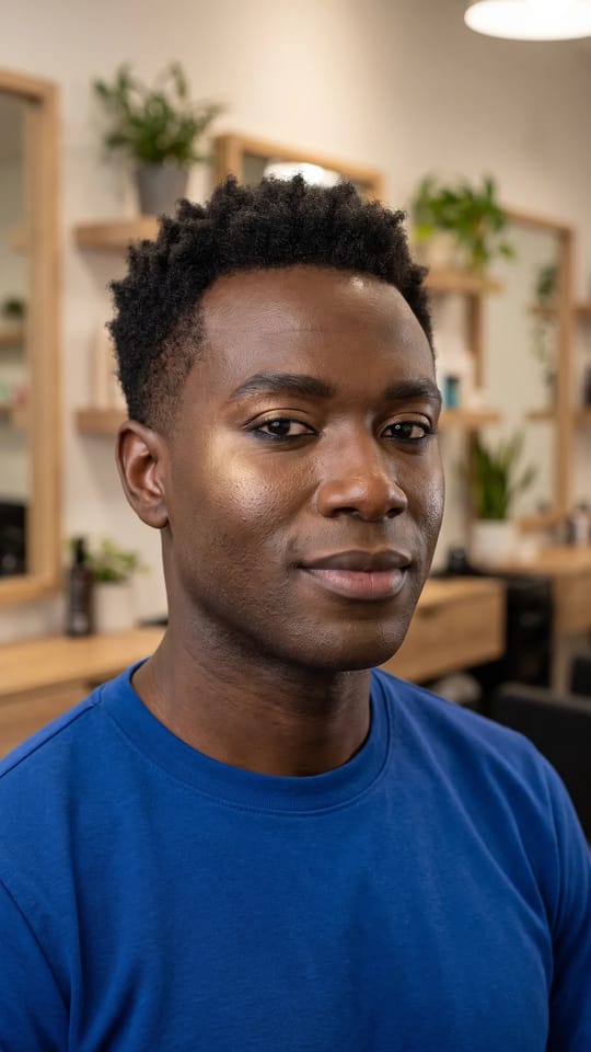 Homme : maquillage de scène doré : Maquillage de scène pour homme : sourcils dessinés, fard bronze-doré sur les paupières, khôl estompé, pommettes sculptées avec un éclat doré, peau mate unie et lèvres à peine teintées.