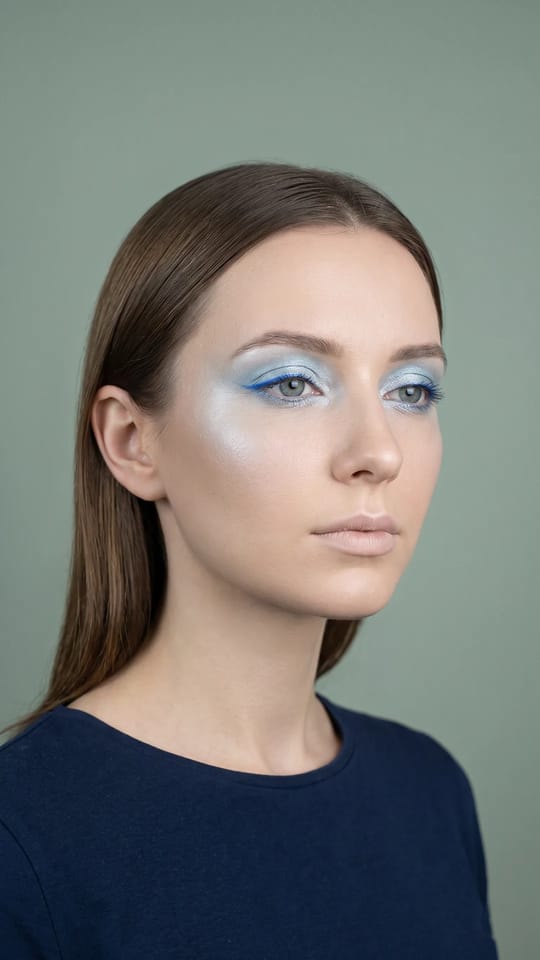Bleu givré : Paupières bleu glacé et argent à finition givrée, fin liner bleu électrique, peau claire lumineuse, highlighter argenté et lèvres nude pâle.
