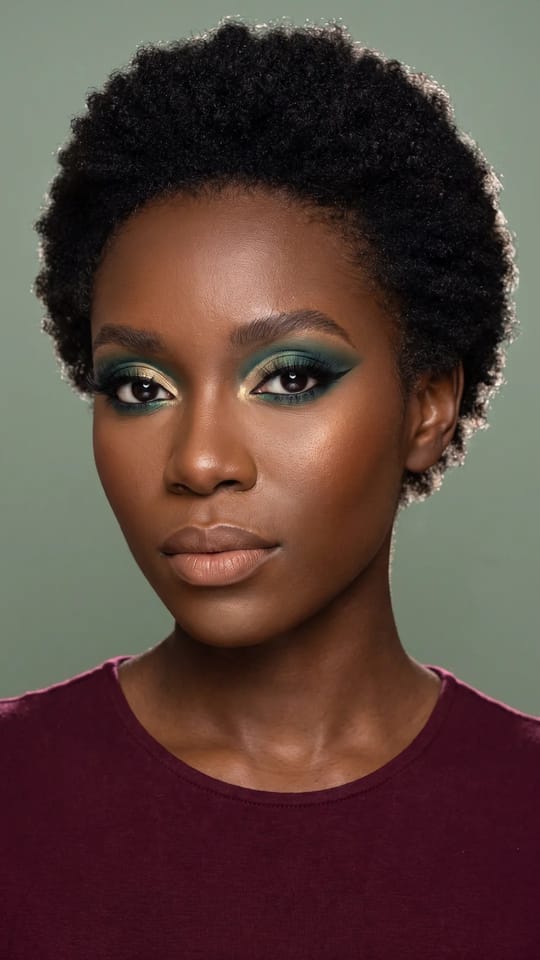 Cut crease émeraude : Cut crease net : ligne du pli bien dessinée, vert émeraude et bleu canard sur la paupière mobile, or dans le coin interne, liner noir ailé, cils volumineux et peau bronze lumineuse.