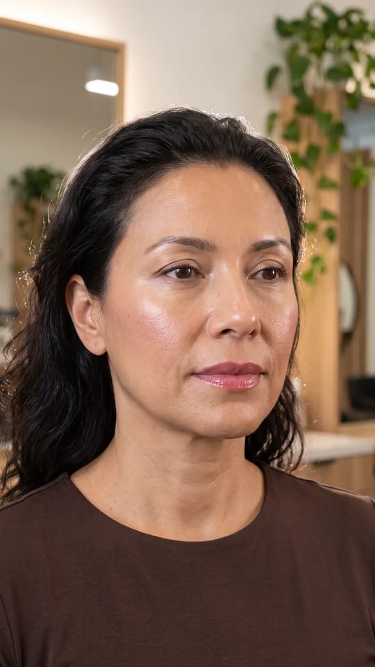 Glass skin glam : Glass skin version adulte pour le soir : peau ultra lumineuse, highlighter juteux sur les pommettes et l'arête du nez, blush rose crème, champagne discret sur la paupière et lèvres rose brillantes.