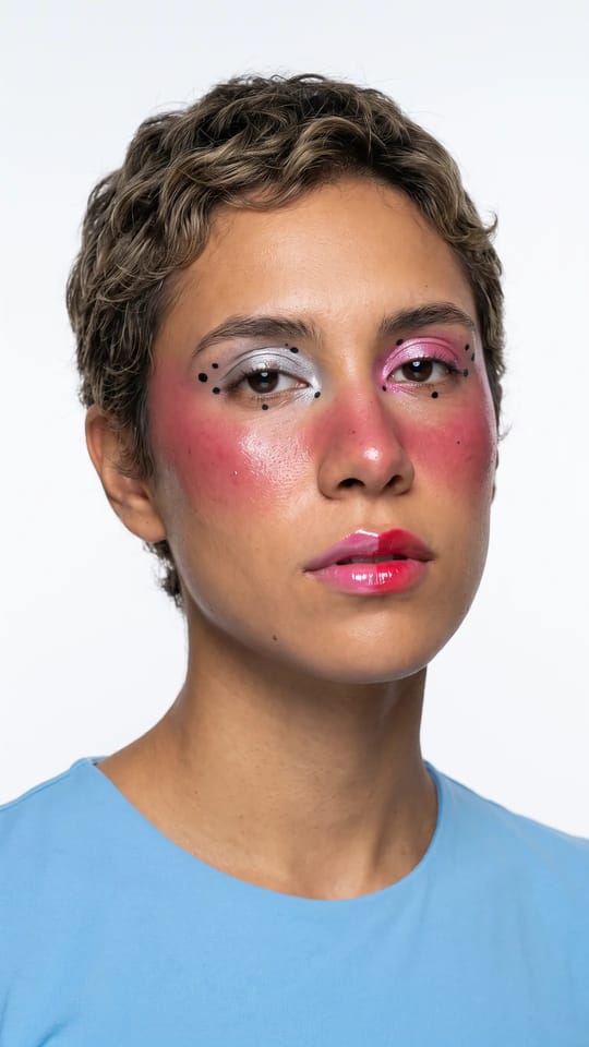 Glitchy glam jelly blush : Glitchy glam : blush gélifié framboise brillant sur les joues et le nez, paupières volontairement dépareillées (une argentée, une rose), petits points de liner graphiques, lèvres bicolores brillantes.