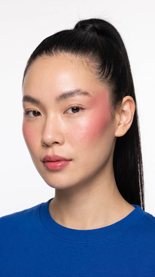 Blush draping : Blush draping : un blush crème rose corail balayé des pommes des joues vers les tempes, comme un drapé qui lifte le visage ; peau fraîche, yeux discrets et lèvres rose brillant.