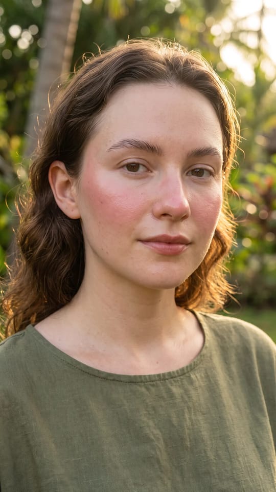 Blush boyfriend sur les pommettes : Boyfriend blush : un blush crème rose fraise diffusé haut sur les joues et sur l'arête du nez comme un rose naturel ; peau fraîche, paupières nues, gel sourcils transparent, baume teinté.