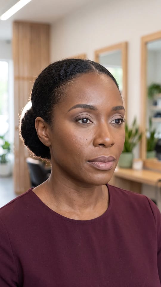 Maquillage de bureau soigné : Maquillage de bureau soigné : teint satiné uni, paupière taupe avec un trait brun fin, sourcils nets, cils recourbés, blush crème discret et lèvres mauve-nude satinées.