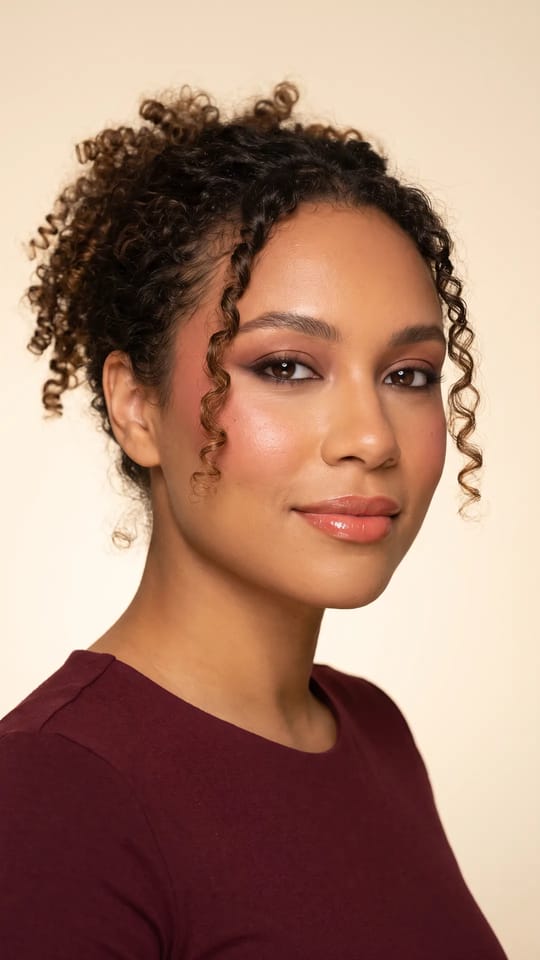Blush romantique et teint nacré : Beaucoup de blush crème des joues vers les tempes, peau nacrée, liner ailé fondu pour la définition et lèvres pêche-rose brillantes.