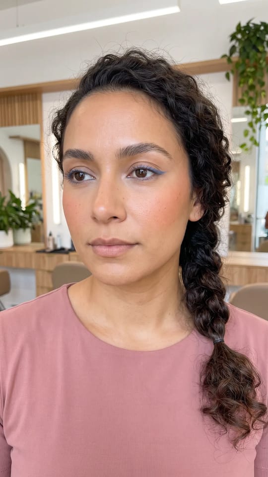 Liner bleu doux : Un seul accent de couleur : liner bleu bleuet sur la paupière supérieure prolongé d'une petite aile, éclat minuscule dans le coin interne, peau fraîche et lèvres neutres.