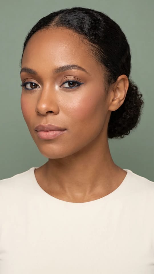 Liner métallique marine ou bronze : Liner métallique fin bleu marine sur la paupière supérieure, voile bronze sur la mobile, éclat champagne dans le coin interne, peau satinée lumineuse et lèvres rose nude.
