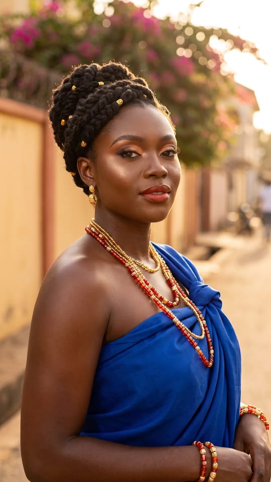 Mariage coutumier togolais : Mariée d'un mariage coutumier togolais : tenue de cérémonie unie bleu roi nouée à l'épaule, colliers de perles dorées et rouges, regard doré intense et lèvres rouge brique.