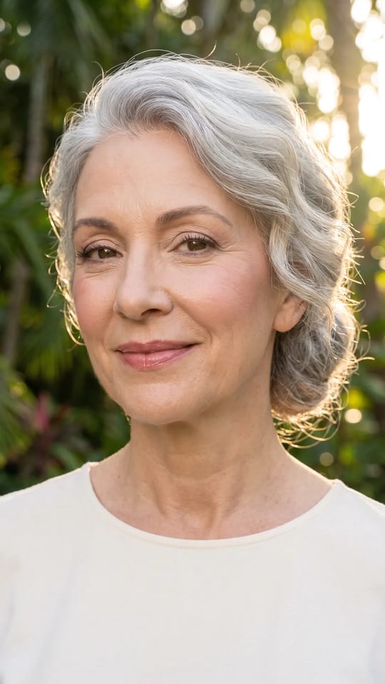 Mariée mature, éclat rosé : Maquillage de mariée mature : teint léger et lumineux, blush crème rose haut sur les pommettes, sourcils bien dessinés et lèvres rose fondu.