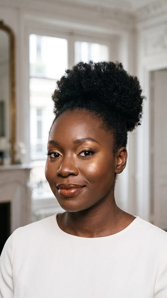 Mariée peau ébène éclatante : Mariée à la peau très foncée : base parfaitement ajustée sans voile gris, highlighter doré sur les pommettes, paupières bronze et or, lèvres brun chaud brillantes.
