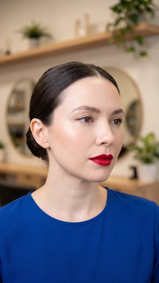 Lèvres rouges de mariée : Lèvres rouges classiques, eye-liner ailé fin, teint porcelaine lumineux et joues à peine rosées : le regard reste doux, la bouche porte le look.