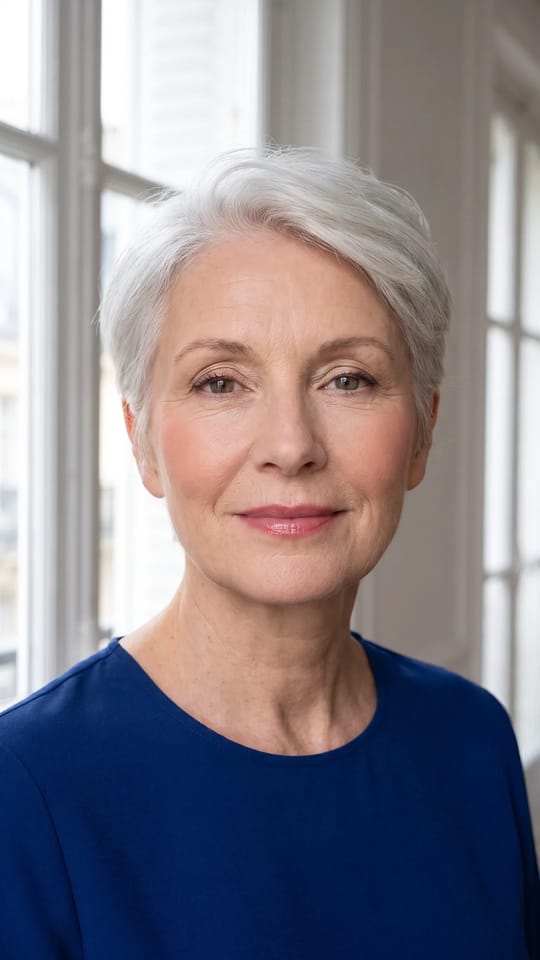 Seconde noces, maquillage doux : Mariée de plus de 60 ans en tons rosés : peau fraîche mais pas brillante, blush pêche-rose, paupière champagne discrète, sourcils brossés et lèvres rose floutées.