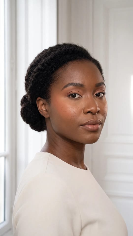 Mariée teint velours cloud skin : Teint cloud skin flouté entre mat et éclat, en couches fines, sous-tons parfaitement accordés, blush pêche chaud, paupière cuivre doux et lèvres brun nude satinées.