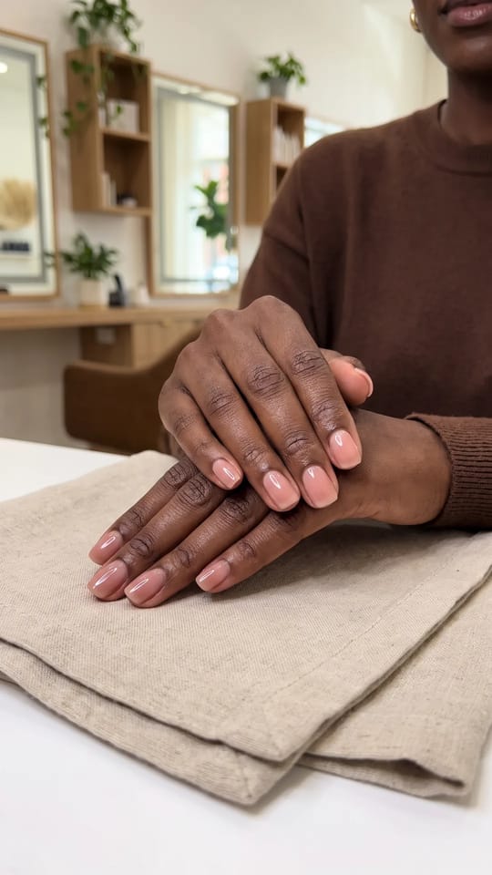 Capsules amande courte nude : Capsules souples posées en amande courte, nude rosé uni, bords parfaitement fondus avec l'ongle naturel, très brillant.