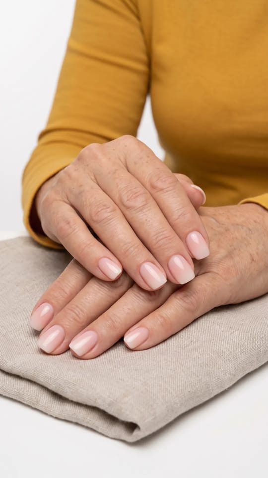 Baby boomer court sur capsules : Capsules carrées courtes, dégradé doux rose nude vers blanc laiteux au bord libre, très naturel.