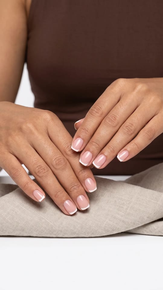 French sur capsules carrées : Capsules carrées courtes, base rose nude et french blanche franche, aspect naturel et soigné.