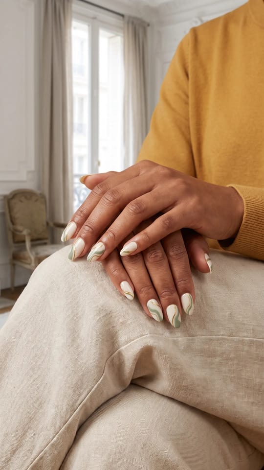 Press-on artistiques : Faux ongles à coller peints à la main, amande mi-longue : base ivoire avec des motifs abstraits en vagues vertes et dorées, posés avec précision.