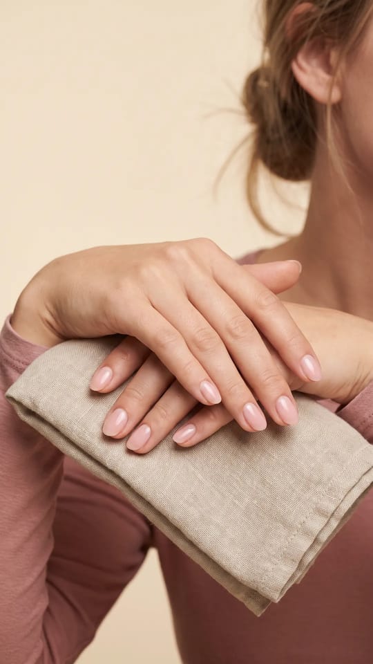 Après dépose : base de renfort : Ongles naturels après dépose avec une base de renfort transparente rosée : surface saine, brillance douce, forme ovale courte.