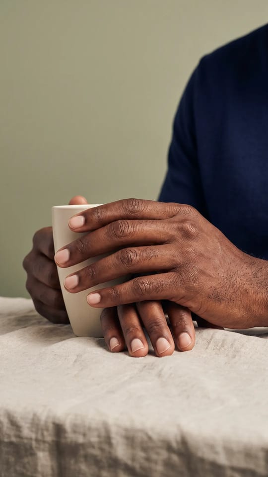 Ongles d'homme sains après dépose : Mains d'homme après une dépose de gel : ongles courts naturels, propres et sains, surface satinée, pourtour de l'ongle net.