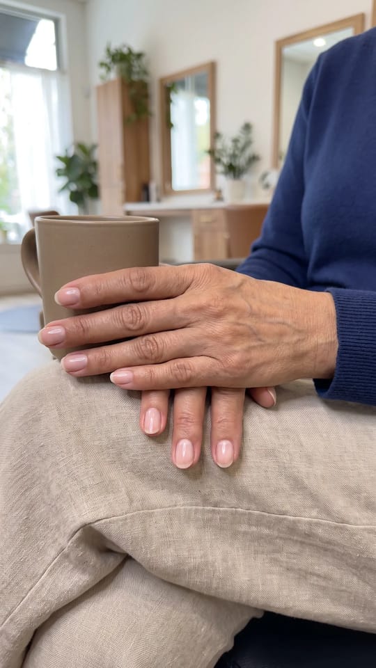 Ongles sains, mains matures : Mains de plus de 60 ans après une dépose : ongles naturels courts et ovales, polis, surface lisse sans stries marquées, rose naturel.