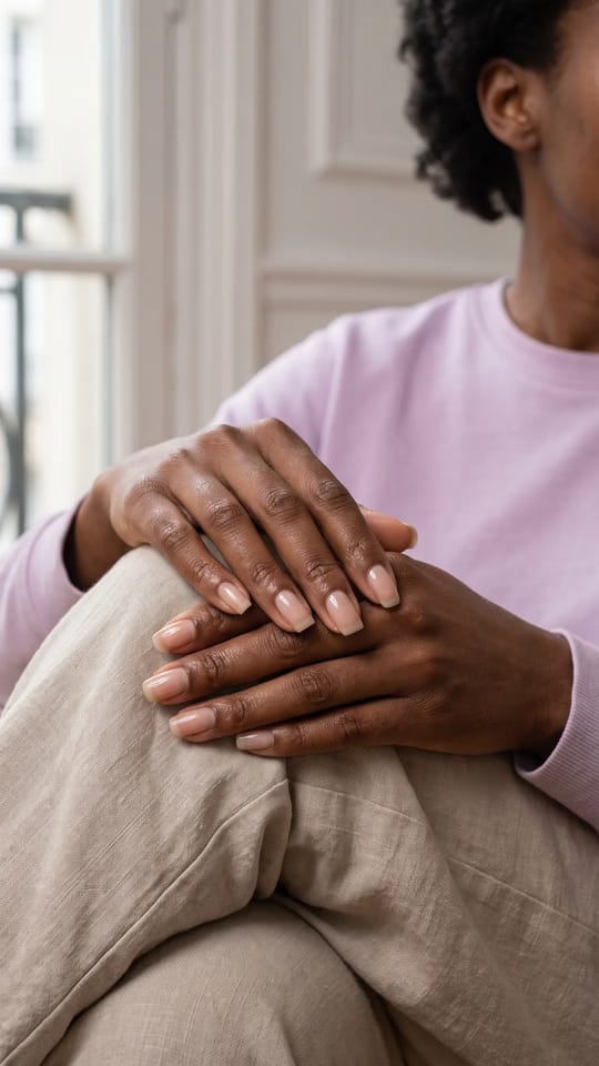 Dépose et manucure complète : Après une dépose suivie d'une manucure : ongles naturels de longueur moyenne, carré arrondi, cuticules repoussées, polis et huilés.