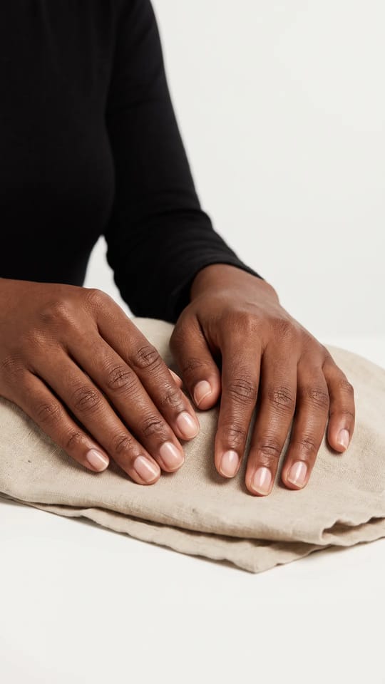 Ongles naturels nets après dépose : Ongles naturels courts, nets et lisses après une dépose de gel : surface polie, légère brillance naturelle, cuticules huilées, aucun résidu.