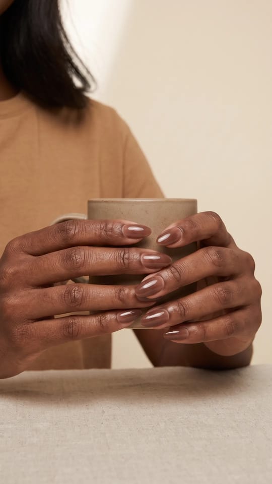 Amande courte chocolat laiteux : Gel en amande courte, brun chocolat au lait translucide, brillant, discret et chaleureux.