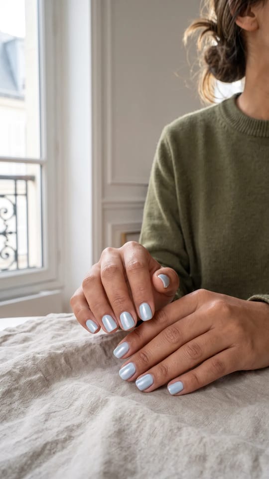 Bleu givré chromé court : Gel carré court bleu givré avec un voile de chrome nacré, effet glacé.