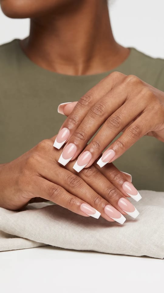 French ballerine blanche : Extensions gel ballerine mi-longues, base rose nude, french blanche épaisse bien nette.