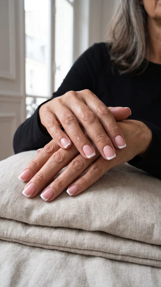 French gel carrée courte : Pose gel en carré court aux angles légèrement adoucis, base rose nude et french blanche franche, ligne en sourire nette.