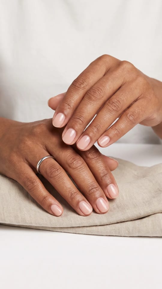 Gainage gel sur ongles naturels : Gainage gel sur ongles naturels courts, structure fine et lisse, nude rosé transparent très brillant, forme ovale douce, côtés impeccables et zone de la cuticule nette.