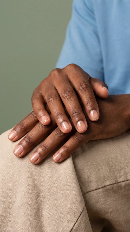 Gel transparent de renfort : Gel transparent de renfort sur ongles courts d'homme, forme naturelle, surface lisse et brillante, aucune couleur.