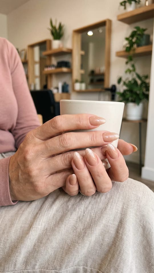 Ombré paillettes champagne : Extensions gel amande mi-longue, nude chaud avec un dégradé de paillettes fines champagne qui monte du bord libre, élégant pour une soirée.