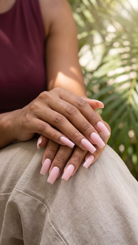 Polygel carré long rose poudré : Polygel sculpté en carré long, rose poudré satiné brillant, bords parfaitement droits et apex bien construit.