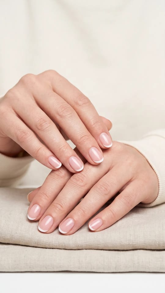French manucure classique : French manucure classique sur ongles naturels : base rose transparent, fin bord blanc, ongles courts en ovale, très propre.