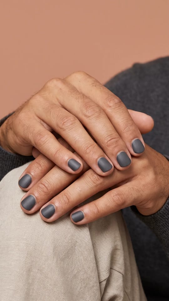 Manucure homme finition mate : Manucure d'homme sobre : ongles courts nets, vernis gris anthracite mat, cuticules propres, aspect discret et masculin.