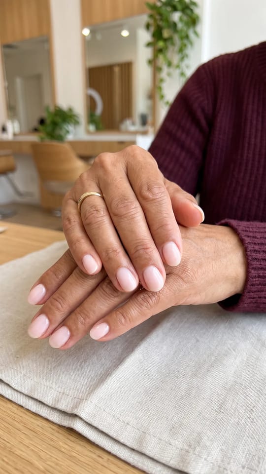 Mains matures soignées : Mains de plus de 60 ans hydratées et douces, ongles courts ovales polis, vernis rose pâle sheer très discret, cuticules soignées.